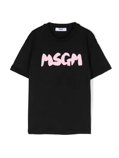 Msgm Kids' Logo-print T-shirt In Nero Rosa