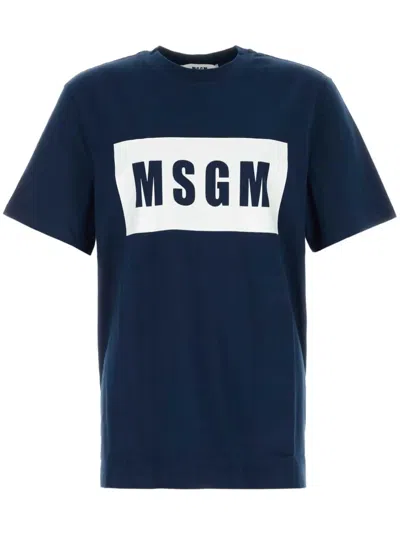Msgm Crew Neck T-shirt With Short Sleeves And Straight Hem In Blue
