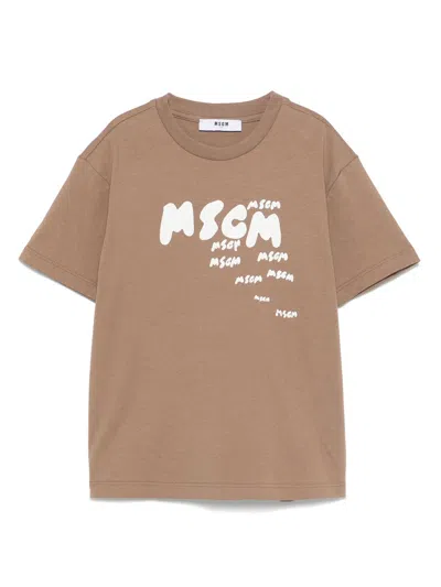 Msgm Kids' Logo-print T-shirt In Brown