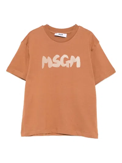 Msgm Kids' Logo-print T-shirt In Brown