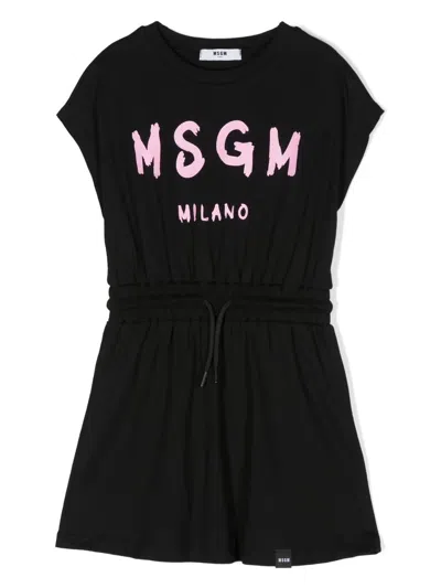 Msgm Kids' Logo-print T-shirt Dress In Black