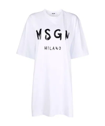 Msgm Logo Details T-shirt Dress In White