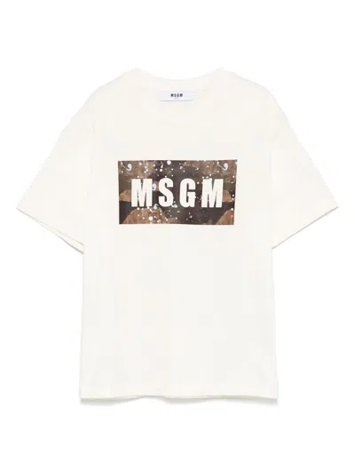 Msgm Kids' Logo-print T-shirt In Cream