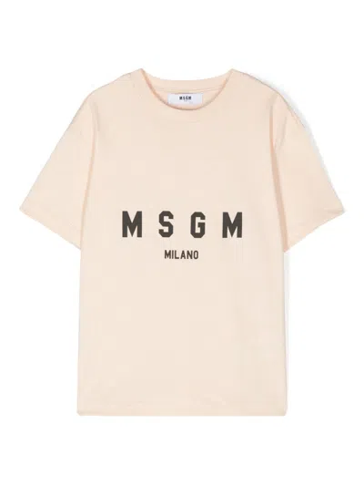 Msgm Kids' Logo-print T-shirt In Neutrals
