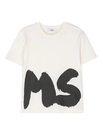 Msgm Kids' Logo-print T-shirt In Neutrals