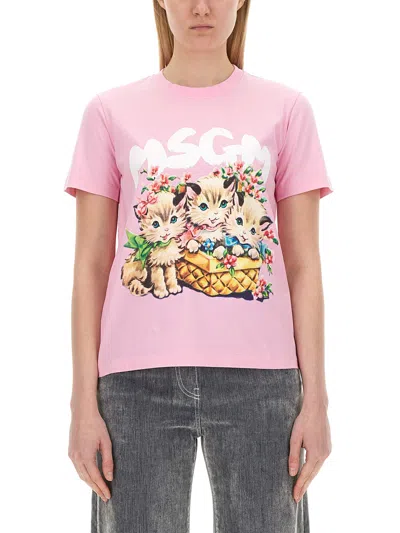 Msgm Logo Print T-shirt In Pink