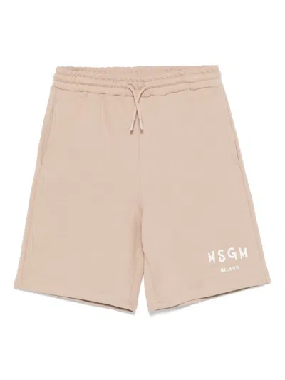 Msgm Kids' Logo-print Track Shorts In Neutrals