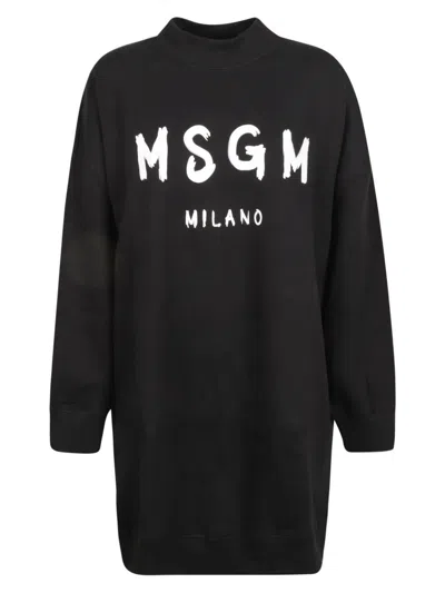 Msgm Brushed Detail Logo Dress In Black