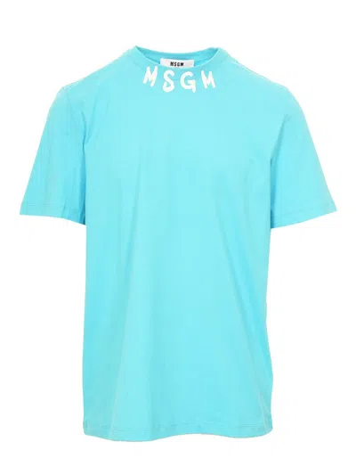 Msgm Logo Printed Crewneck T-shirt In Clear Blue