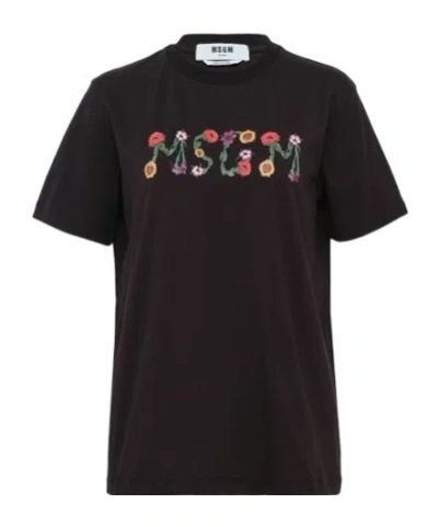 Msgm Logo Printed Crewneck T-shirt In Brown