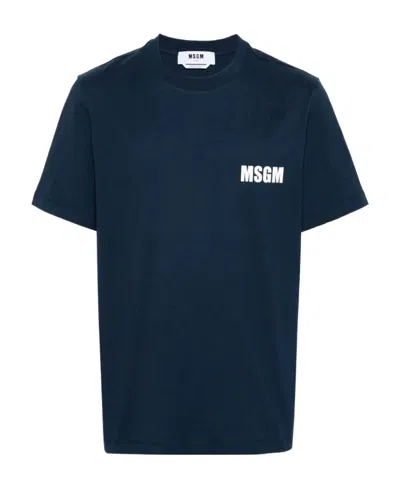 Msgm Logo Printed Crewneck T-shirt In Blue