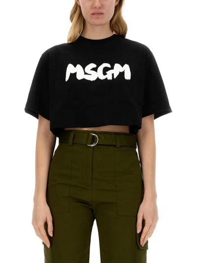 Msgm Logo Printed Cropped T In Black