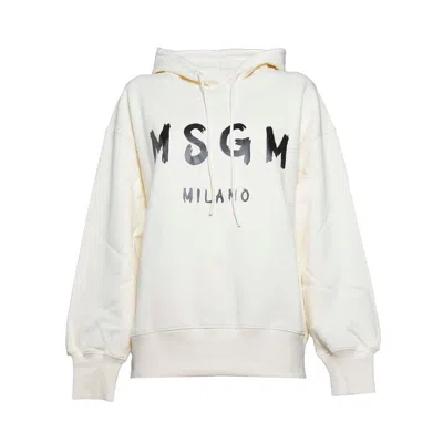 Msgm Logo Printed Drawstring Hoodie In Beige