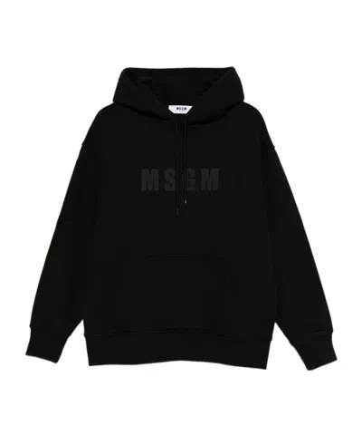 Msgm Logo Printed Drawstring Hoodie In Black