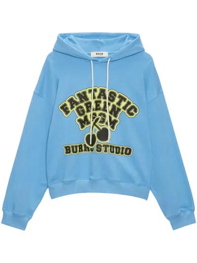 Msgm Logo-printed Drawstring Hoodie In Blue
