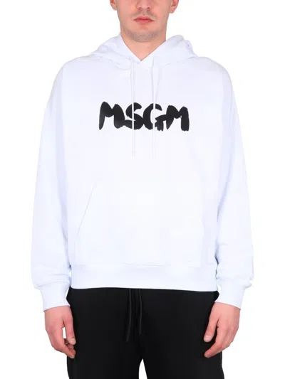 Msgm Logo Printed Drawstring Hoodie In White