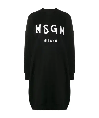 Msgm Brushed Detail Logo Dress In Black