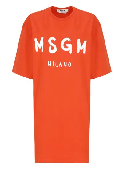 Msgm Short Dress With Logo In Orange