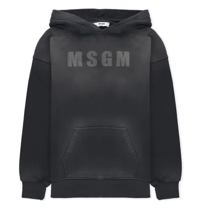 Msgm Kids' Logo Printed Straight Hem Hoodie In Nero