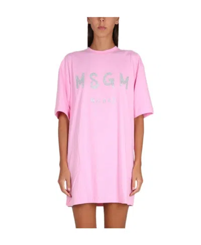 Msgm Brushed Logo Dress In Pink