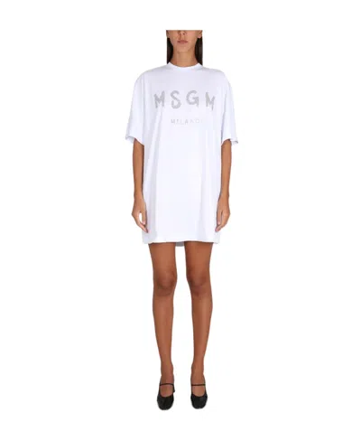 Msgm Cotton Tee Dress With Glitter Logo In White