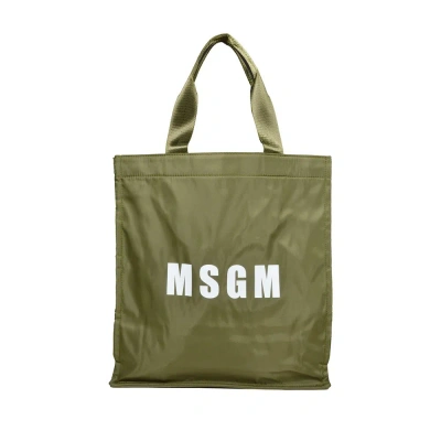Msgm Logo Printed Top Handle Bag In Verde Militare
