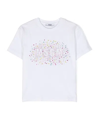 Msgm Kids' Logo Rhinestone-embellished Cotton T-shirt In White