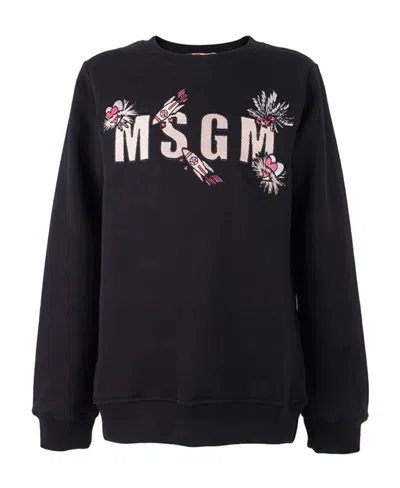 Msgm Logo Round Neck Sweater In Black