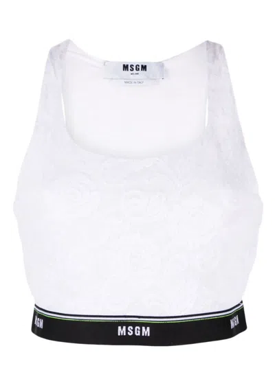 Msgm Logo-strap Lace Racerback Bra In White