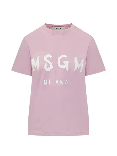 Msgm Crew Neck Nylon Silk Short Sleeve Top In Pink