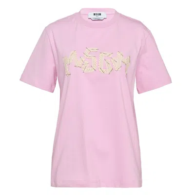Msgm Logo Embroidered Short-sleeve Jersey T-shirt In Pink