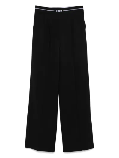 Msgm Palazzo Trousers In Cool Wool With Elastic Band And Logo In Black