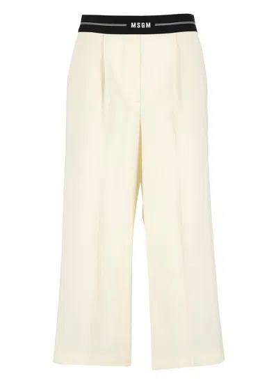 Msgm Logo-waistband Cropped Trousers In Weiss