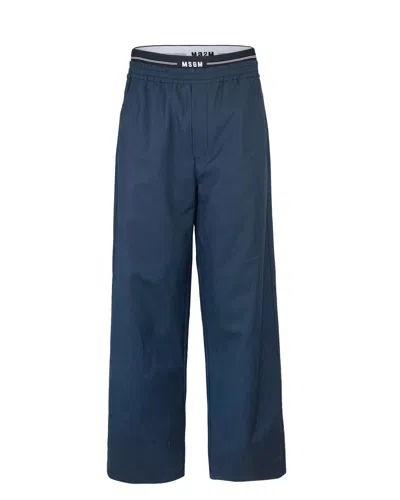 Msgm Logo Waistband Straight Leg Trousers In 89blu Navy