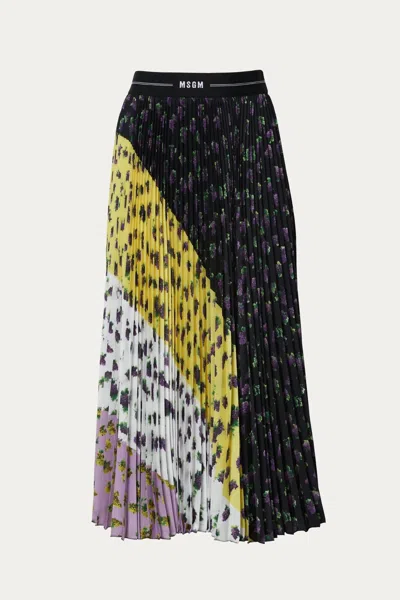 Msgm Logo Wasitband Pleated Skirt In Black/yellow/white In Multi