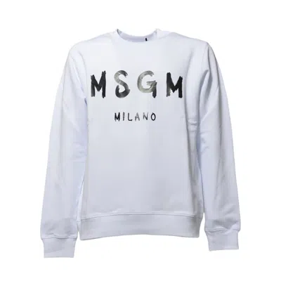 Msgm White Cotton Crewneck Sweatshirt With Brush Logo Print