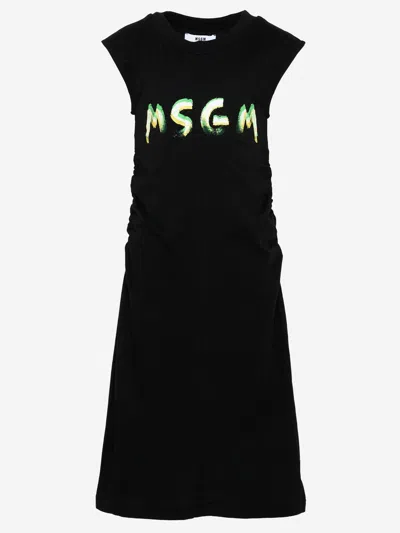 Msgm Logo-embroidered Cotton Dress In Black