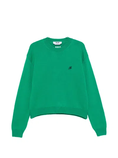 Msgm Logo-embroidered Crew Neck Sweater In Green