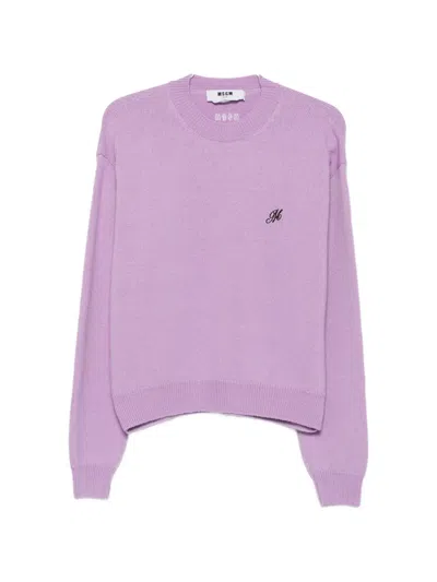 Msgm Logo-embroidered Crew-neck Sweater In Purple