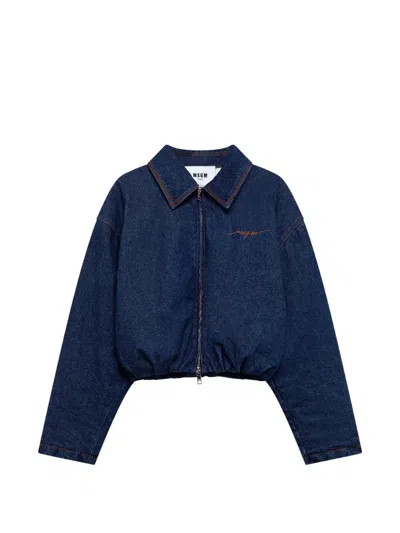 Msgm Logo-embroidered Denim Jacket In Blue