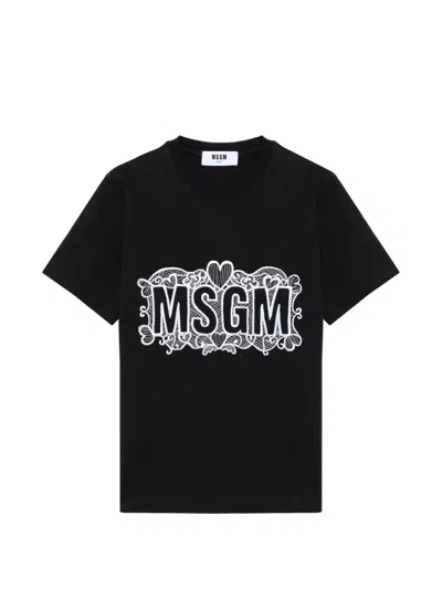 Msgm Logo-embroidered Lace-detail T-shirt In Black
