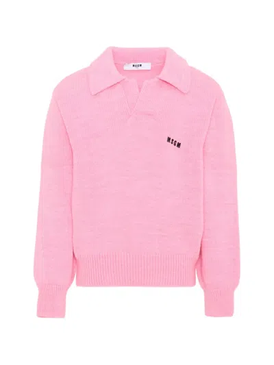 Msgm Kids' Logo-embroidered Polo-collar Sweater In Pink