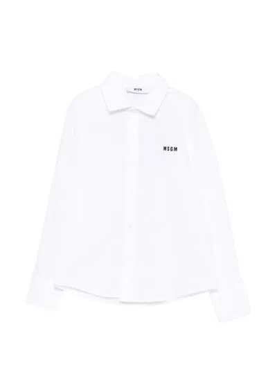 Msgm Kids' Logo-embroidered Slogan-print Shirt In White