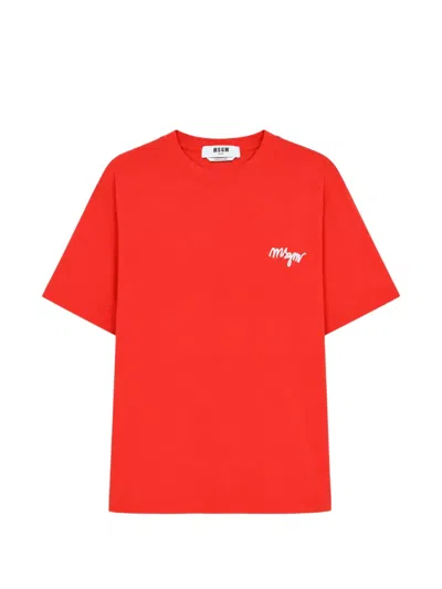 Msgm Logo-embroidered T-shirt In Red