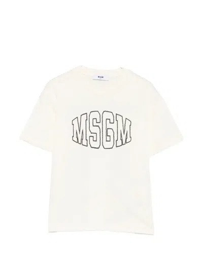 Msgm Kids' Logo-embroidered T-shirt In Neutrals