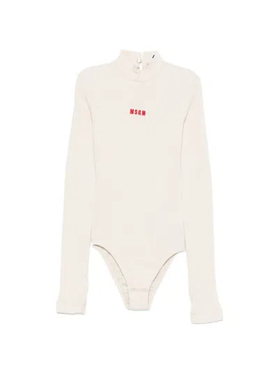 Msgm Logo-embroidered Waffle-knit Bodysuit In Nude