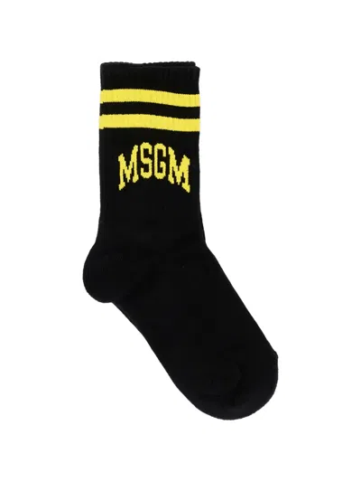 Msgm Kids' Logo-knit Striped Socks In Black