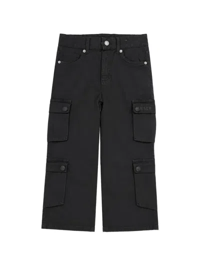 Msgm Kids' Logo-patch Cargo Trousers In Black