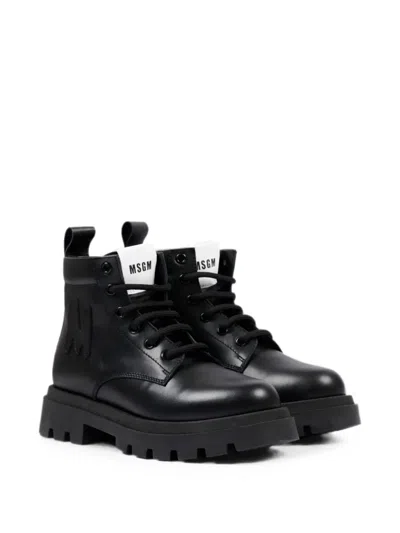 Msgm Kids' Logo-patch Lace-up Boots In Animal Print