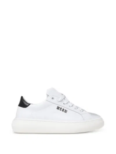 Msgm Kids' Logo-plaque Leather Sneakers In White